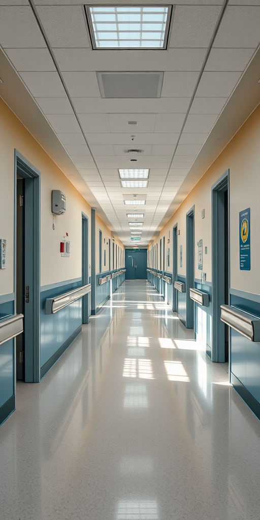 hospital corridor wide angle view, f/8 aperture, ISO 400, 1/60 shutter speed, Canon EOS R5, natural lighting, high-resolution, symmetrical composition, sharp focus