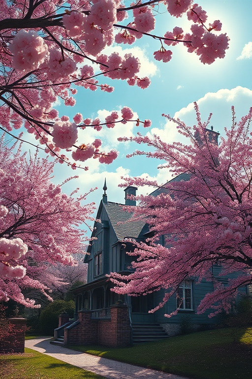 Regenerate a vibrant, detailed artistic rendering of a mansion surrounded by cherry blossom trees, capturing soft sunlight filtering through the clouds, using a Canon EOS R5, 35mm lens, aperture f/8, ISO 100, and a wide-angle perspective to enhance depth and clarity.
