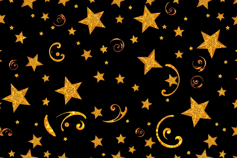 Create a seamless pattern of golden stars and swirls on a black background, with a macro lens setting at f/2.8, 1/60s exposure, ISO 100, using a DSLR camera in high-resolution mode.