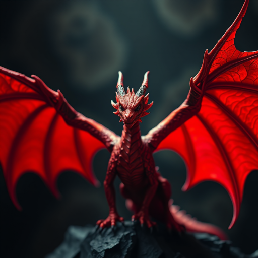 Regenerate a highly detailed and vibrant image of a majestic red dragon with intricately designed wings, set against a softly blurred dark background; use a Canon EOS R5 with a 50mm f/1.2 lens, aperture set to f/2.8 for shallow depth of field, ISO 100 for high image clarity, and a combination of soft and directional lighting to enhance texture and color contrast.