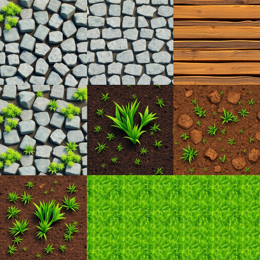 Create a detailed isometric illustration of diverse ground textures including checkerboard, cobblestone, wooden planks, soil with sprouting grass, and grass field in a grid layout, captured with a digital camera at f/8 aperture, ISO 200, 24mm focal length, and natural lighting for enhanced clarity and color vibrancy.