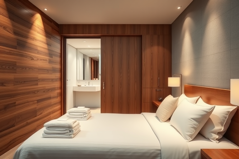 interior view of a modern bedroom featuring a wooden accent wall, a neatly made bed with white linens and towels, a stylish bathroom visible through sliding glass doors, well-lit with warm ambient lighting, captured with a DSLR camera at f/4, ISO 200, 1/60s, using a 24mm lens for a wide perspective and shallow depth of field