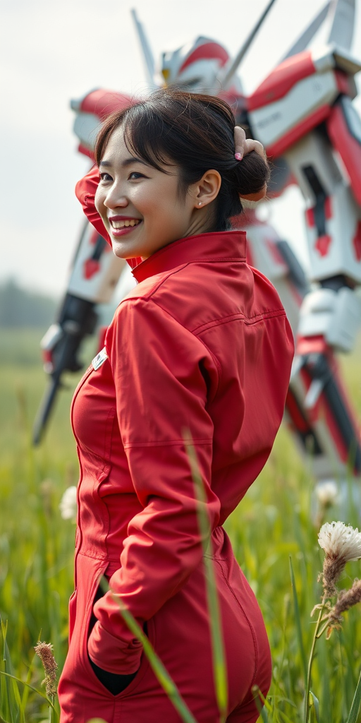 aying on back, green grass, red plugsuit, light smile, hands behind the head, from side,  dutch angle, mecha in background
