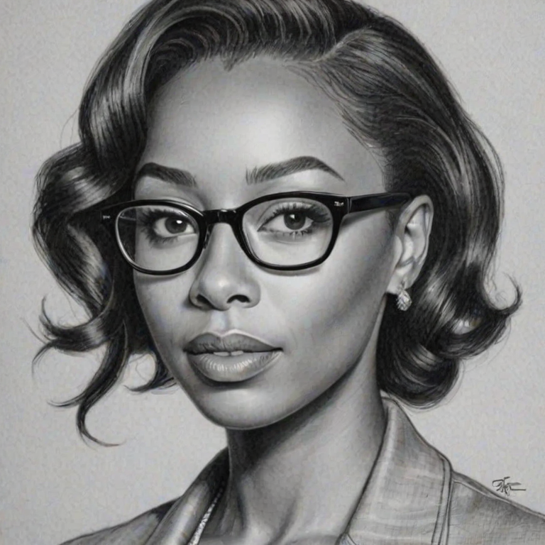 Resplendent Erica Ash, pencil sketch, portrait of Stunning woman 1954s in glasses, hair style beatnik, outline, clear lines, fine lines, 8k