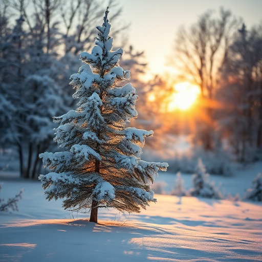 Winter landscape with snow-covered trees and a solitary tree in the foreground, golden hour lighting, captured with a DSLR camera using a 50mm lens, aperture f/8, ISO 100, shutter speed 1/125s, soft focus background.