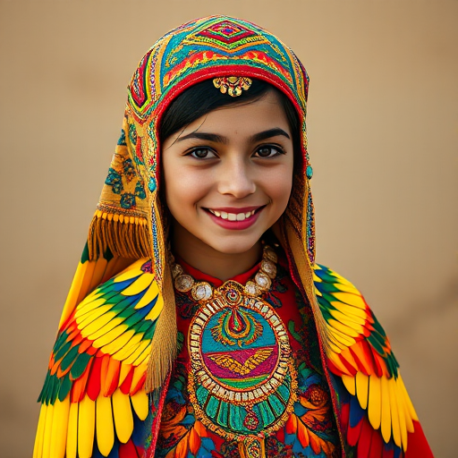 A beautiful Coptic girl, wearing colorful bird clothing with vibrant colors