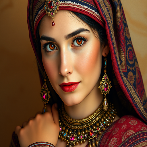 Create a portrait of a beautiful Sephardic woman with striking red eyes and a gentle expression. She is adorned in traditional attire with intricate patterns, including a richly embroidered headscarf and matching garments. Her jewelry includes a delicate headpiece, dangling earrings, and ornate bracelets, all featuring vibrant gemstones and detailed metalwork. The background is soft and warm, enhancing the rich colors of her outfit and jewelry.