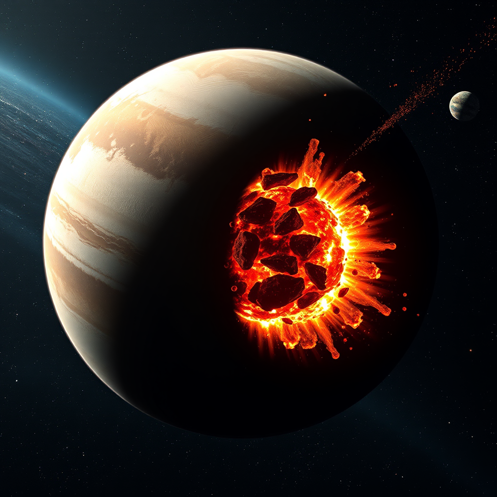 Generate a high-resolution image of a planet colliding with another planet, showing a dramatic explosion and fiery debris in space, using a 50mm lens, f/8 aperture, ISO 100, 1/1000 sec shutter speed, captured in a wide-angle view with a digital SLR camera for enhanced details and clarity.