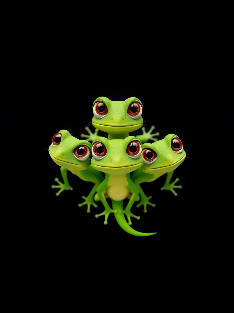 Create an image of three cartoon-style green lizards positioned in a triangular formation, with large expressive eyes, on a solid black background, using a DSLR camera with a 50mm lens at f/2.8, ISO 100, 1/200s shutter speed, shot from a slightly elevated angle to enhance depth and clarity.