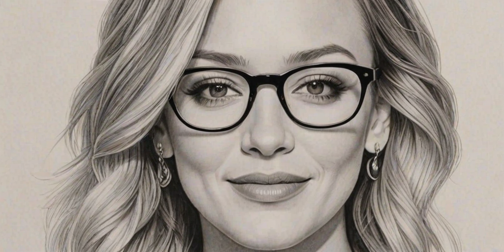 Charming Hilary Duff, pencil sketch, portrait of Charming woman 1926s in glasses, hair style beatnik, outline, clear lines, fine lines, 8k