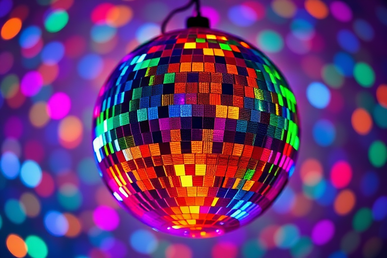 Generate a high-resolution image of a multicolored disco ball with a grid pattern, using a Canon EOS 5D Mark IV with a 50mm lens, aperture f/8, ISO 100, and a slight tilt view for dynamic perspective.
