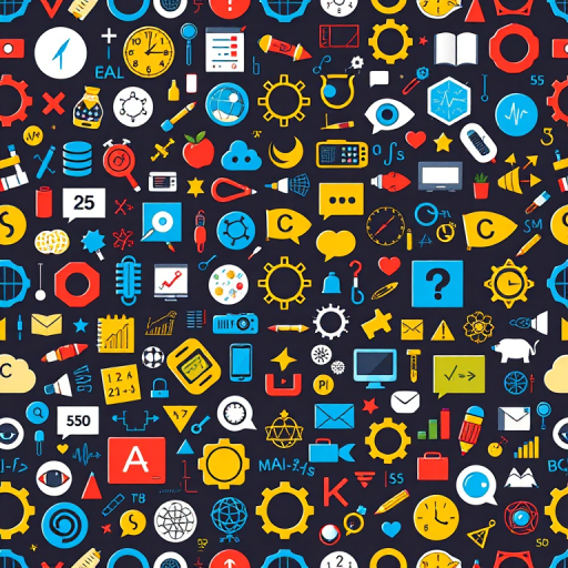 seamless pattern of various educational icons including math symbols, scientific elements, and technology motifs, high resolution, 50mm lens, f/8 aperture, ISO 100, top-down view, digital camera