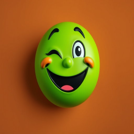 create a vibrant cartoonish smiley face with a wink and a wide grin, solid green color on a brown background, 50mm lens, f/2.8 aperture, ISO 100, high dynamic range imaging, front view, digital camera