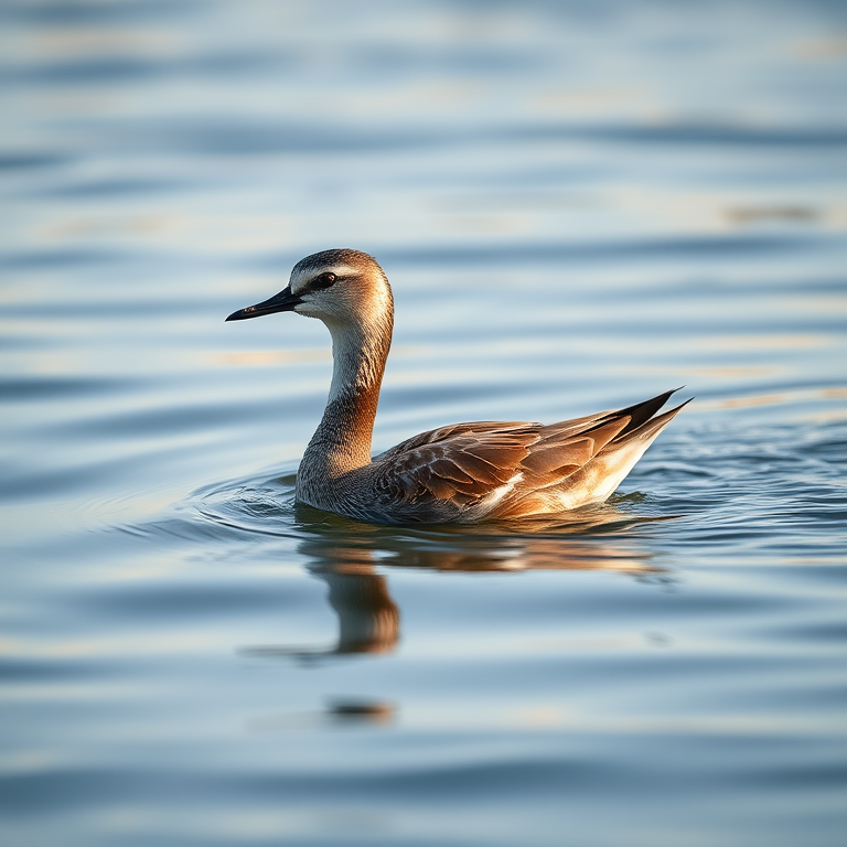 Capture a high-resolution image of a swimming bird on a still water surface during soft natural light, using a DSLR camera with a 200mm lens, aperture set at f/4, shutter speed 1/500s, ISO 400, with a slight focus on the bird and a shallow depth of field.
