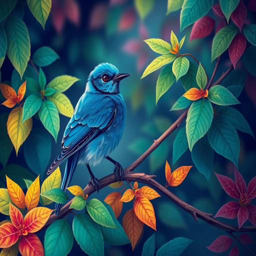 Create a vibrant illustration of a blue bird perched on a branch surrounded by various green leaves and colorful foliage, using a high-resolution digital art style with a soft focus, enhanced colors, and deep contrast, resembling a Canon EOS R5 with a 50mm lens at f/1.8, 1/200s shutter speed, and ISO 100.