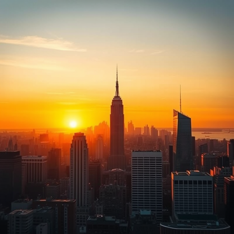 Create a high-resolution image of a detailed city skyline at sunset, using a DSLR camera with a 24mm lens, aperture f/8, ISO 100, and a shutter speed of 1/125 seconds, capturing a wide-angle view for enhanced depth and clarity.