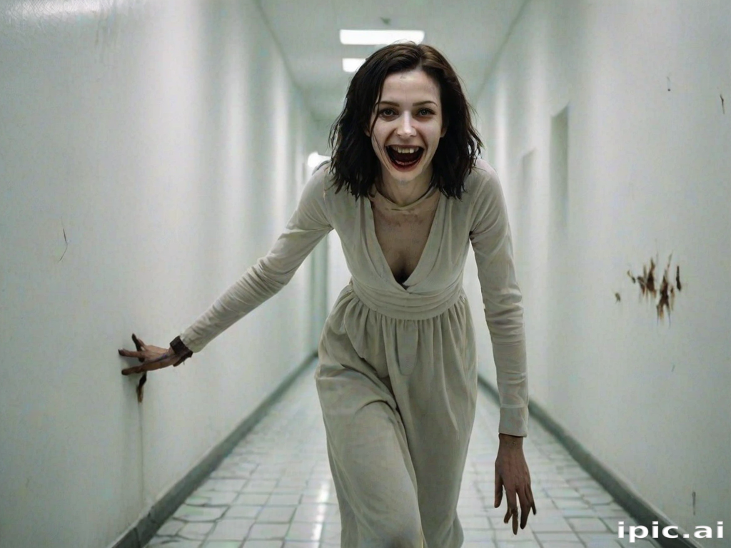 a crooked woman with long arms and a creepy smile is crawling along a long white corridor and you can also see cockroaches in it there is a creepy atmosphere creepy art style