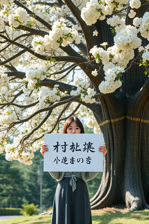 Create a high-quality digital illustration of a woman holding a sign beneath a large tree adorned with flowers, featuring intricate details in the foliage and flowers, shot with a Canon EOS R5 at f/2.8, ISO 100, 50mm lens, in natural lighting with a portrait orientation and a shallow depth of field to emphasize the subject.