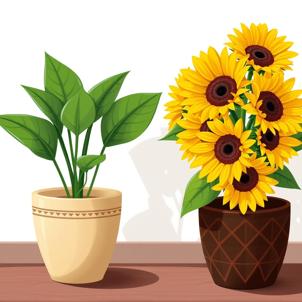 Create a detailed illustration of a houseplant with large green leaves in a simple beige pot with decorative lines on one side, and a vibrant bouquet of sunflowers with large yellow petals in a dark brown pot with geometric patterns on the other, using a high-resolution digital style, shot with a macro lens at f/2.8 for shallow depth of field, soft natural lighting to enhance colors and details.