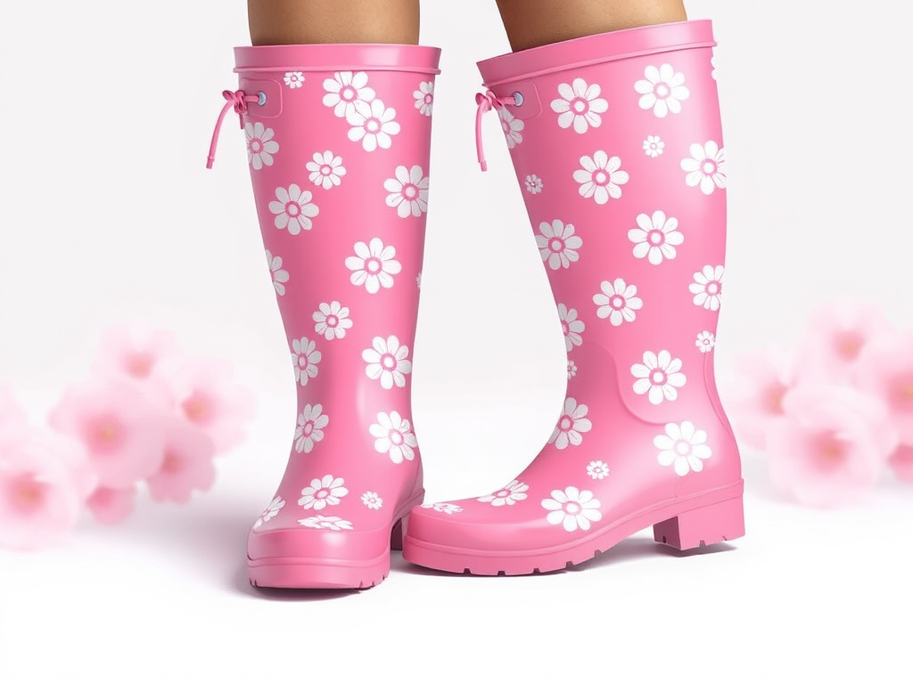 Create a high-quality digital illustration of pink rain boots with white flower patterns, using a 50mm lens, f/2.8 aperture, ISO 100, shot from a slightly elevated angle, in a soft studio lighting style.