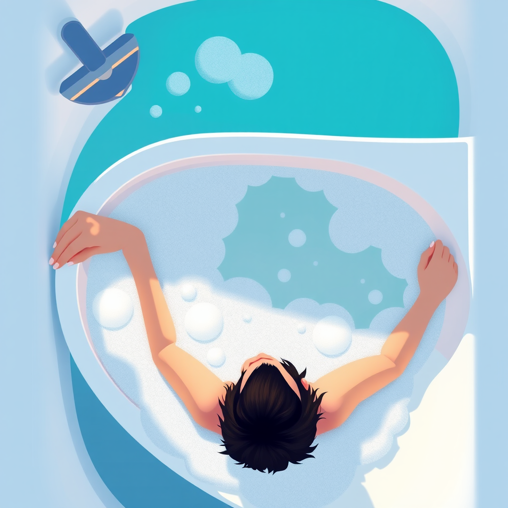 generate a high-resolution illustration of a person relaxing in a bubble-filled bathtub, vibrant colors, soft lines, overhead view, 24mm lens, f/2.8 aperture, natural light setting, digital illustration style