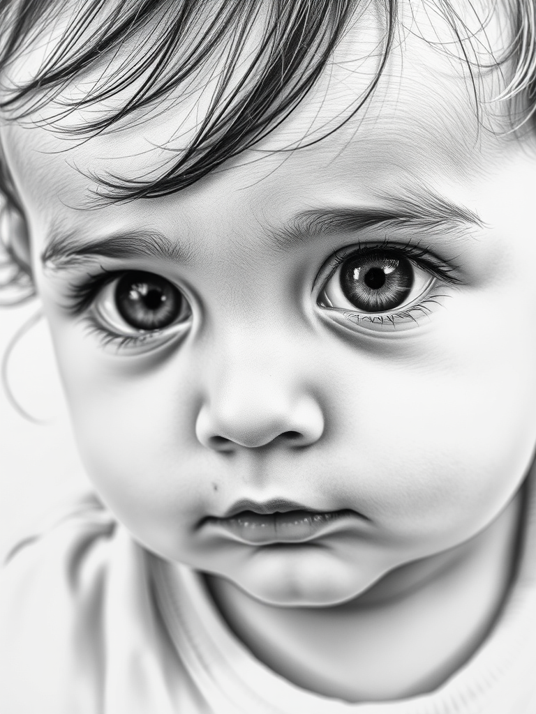 A hyperdetailed photorealistic black and white sketch of a beautiful toddler with deep brown eyes, with a macro focus