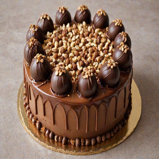 Generate an image of a chocolate cake with a smooth caramel frosting. The cake should have a glossy chocolate ganache dripping down the sides. Atop the cake, place decorative swirls of chocolate icing and several round chocolate truffles coated in crushed nuts. Surround the base of the cake with a sprinkle of crushed nuts for added texture. The background should be simple and neutral to highlight the cake.