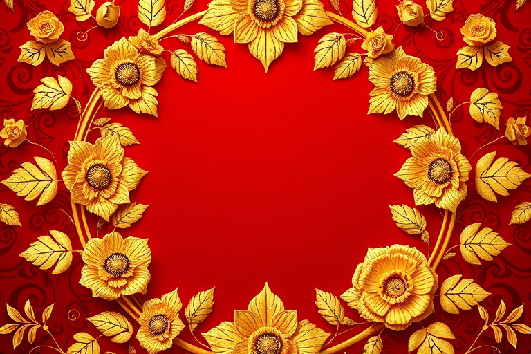Create a luxurious golden floral frame on a rich red background with intricate details, using a DSLR camera with a 50mm lens, aperture set to f/2.8 for a shallow depth of field, shot from a straight-on view, in soft natural lighting to enhance texture and color vibrancy.