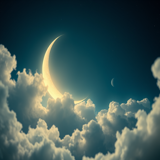 create a surreal moonlit scene featuring a crescent moon with a serene face, surrounded by soft clouds and distant planets, using a Canon EOS R5 with a 50mm f/1.2 lens, aperture at f/1.8, ISO 200, 1/60 shutter speed, shot from a low angle to capture depth, in a dreamy, ethereal photographic style.