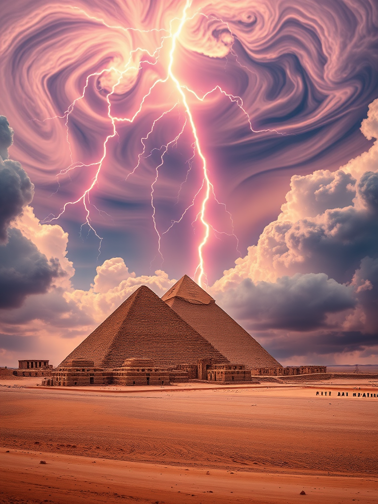 Create a high-resolution, dramatic scene of the pyramids of Giza surrounded by vibrant, swirling clouds with vivid lightning striking above, captured with a Canon EOS R5, ISO 200, f/8 aperture, 24mm lens, shot from a low-angle perspective for a powerful view.