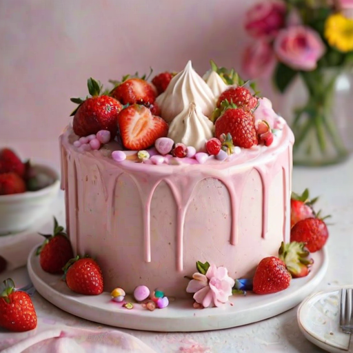 Create an image of a beautifully decorated cake with a smooth, pink frosting. The cake should have a glossy drizzle of white icing cascading down the sides. Adorn the top and sides with fresh strawberries, delicate edible flowers, and small meringue kisses for a whimsical touch. The background should be softly blurred to keep the focus on the cake.