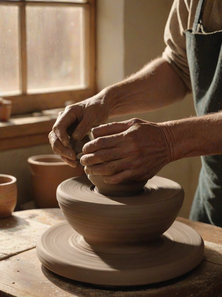 Warmly lit close-up of a potter's hands shaping clay on a spinning wheel, soft natural light streaming through a nearby window, with pottery tools scattered on a wooden table and a peaceful studio atmosphere.