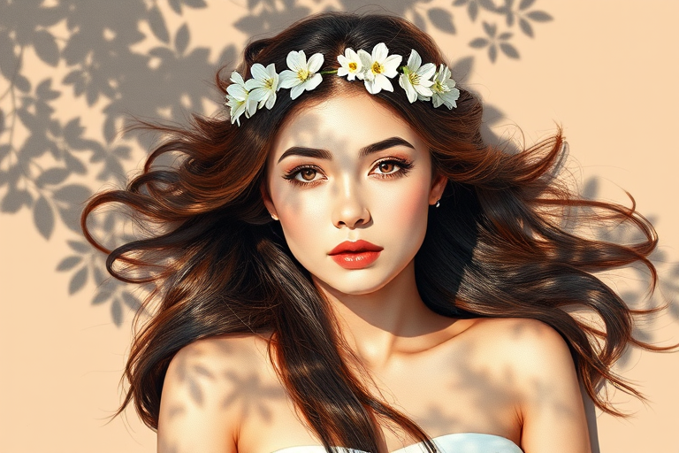 create a watercolor painting of an ethereal portrait of beautiful Tajik woman with a simple white flower crown on her head. Her hair is long and she is lying on the ground. The sunlight on the trees casts shadows from the leaves on her face and body. The background is a neutral brown color that matches her skin tone. The image is minimalist and solid colors. This style is characterized by soft, delicate brushstrokes and a light, airy, contrasting color palette. High level of detail and play of light