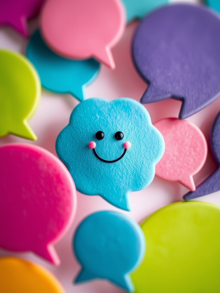 colorful speech bubbles in various shades of blue, pink, green, and purple with a smiling character in the center, soft-focus background, macro lens, f/2.8 aperture, ISO 200, 50mm lens, natural light, high saturation