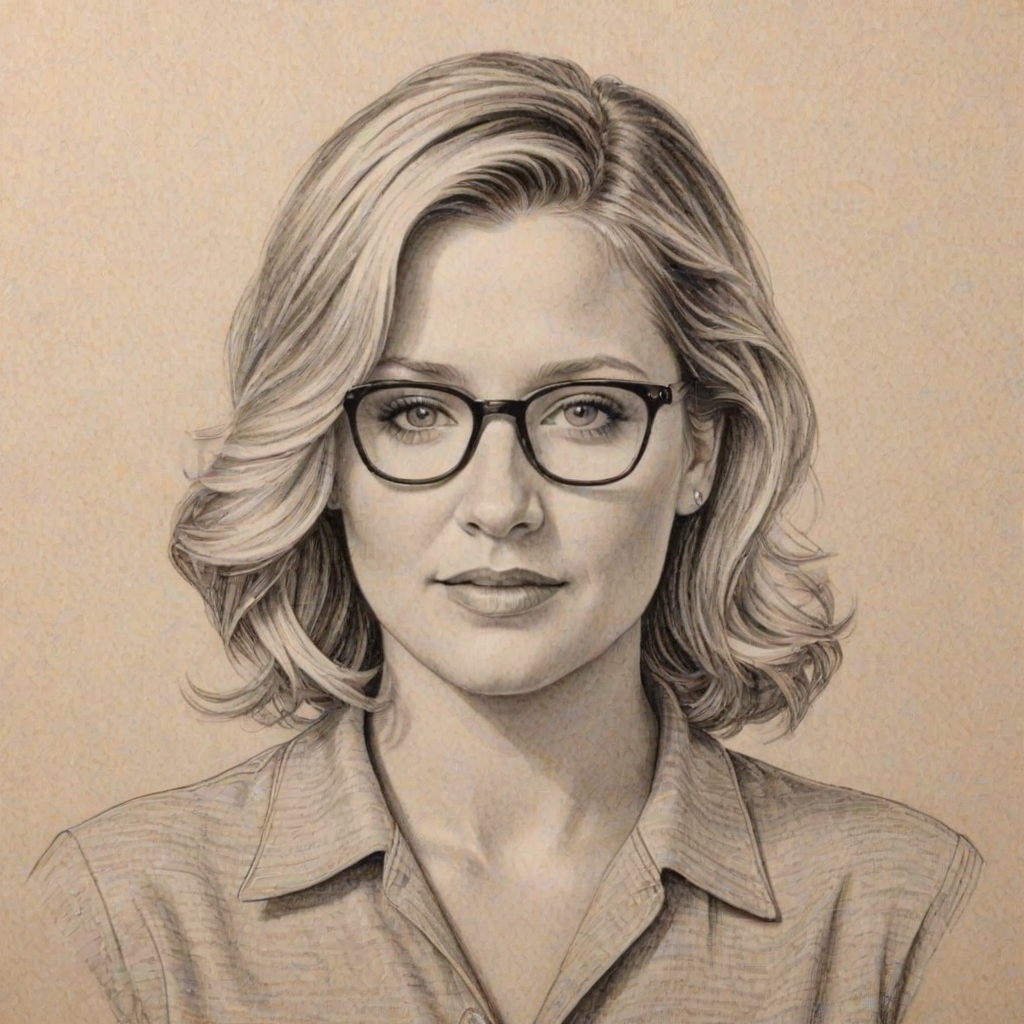 Ravishing Jessica Capshaw, pencil sketch, portrait of Pleasing woman 1951s in glasses, hair style beatnik, outline, clear lines, fine lines, 8k