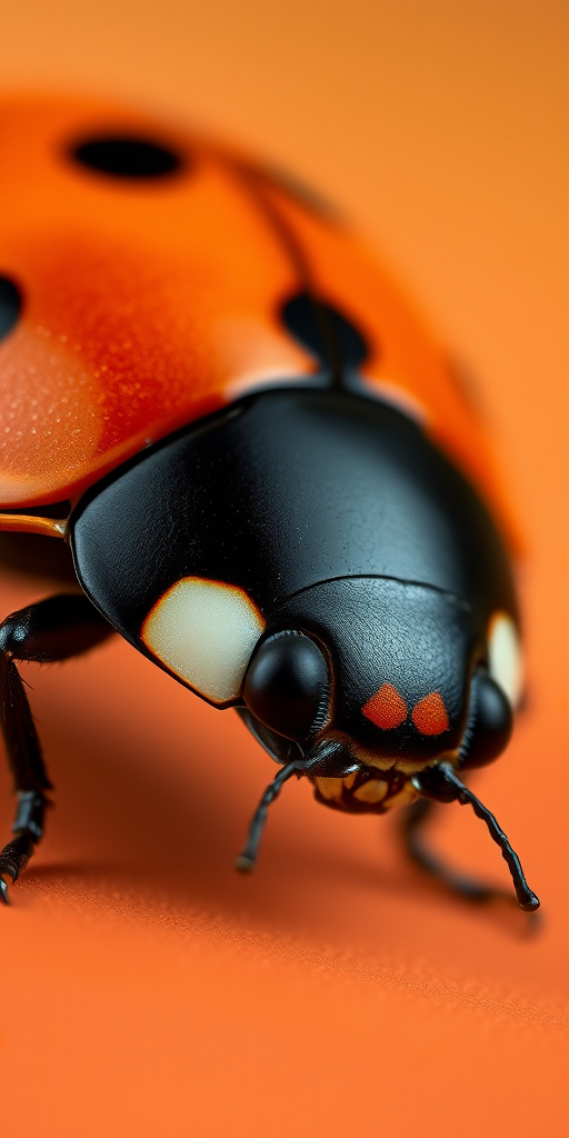 A close-up of a 3D rendered ladybug with a shiny orange and black shell on a gradient background, focusing on intricate details and textures, using a Canon EOS R5 camera with a 100mm macro lens, f/2.8 aperture, ISO 200, 1/250 sec shutter speed, soft lighting for enhanced clarity and depth.