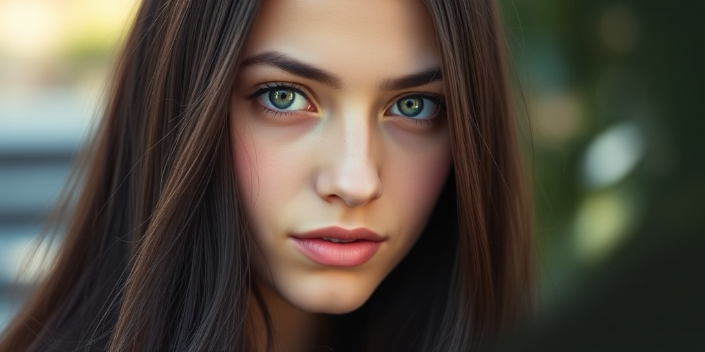 portrait of a young woman with long dark hair and expressive eyes, natural soft lighting, shallow depth of field, camera settings: f/1.8 aperture, ISO 100, shutter speed 1/200, camera view: close-up, camera style: candid, camera type: DSLR