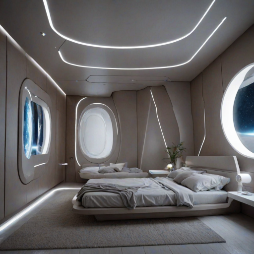 bed, bedroom, futuristic, dynamic angle,