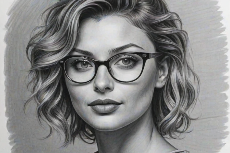 Magnificent Aly Michalka, pencil sketch, portrait of Pleasing woman 1954s in glasses, hair style beatnik, outline, clear lines, fine lines, 8k