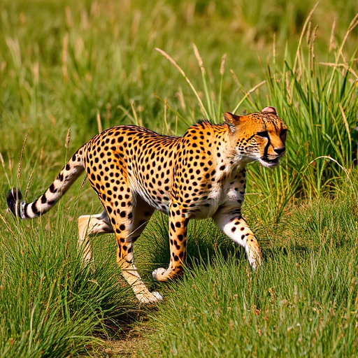 Cheetah walking through tall grass, side view, natural lighting, 50mm lens, f/4 aperture, 1/1000 sec shutter speed, ISO 200, DSLR camera, wildlife photography style.