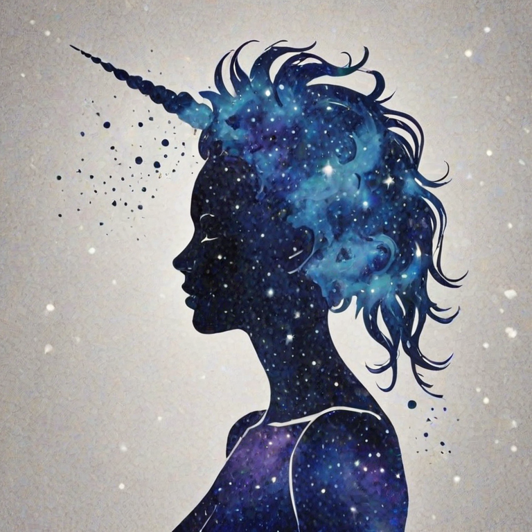 Captivating conceptual render alcohol ink art, double exposure, the paint strokes artfully merge combining a woman's full silhouette with a Unique unicorn's silhouette. The figures are composed of a series of colored dots, lines & spots that evoke the image of a cosmic galaxy, colors are deep shades of blue purple & black with flashes of white & silver representing distant stars. The woman's silhouette is formed within the lion's silhouette from constellations of scattered stars, surreal