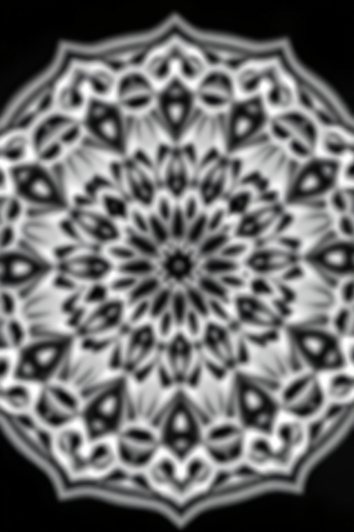 Create a detailed black and white circular pattern with intertwining shapes and a star design in the center, using a DSLR camera, 50mm lens, f/1.8 aperture, ISO 100, shot from a front view with high contrast.