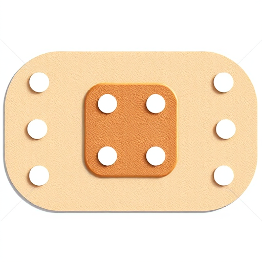Create a high-resolution illustration of a beige adhesive bandage with a central brown pad and white dots on the sides, captured from a top-down view using a digital camera with a 50mm lens, f/2.8 aperture, ISO 100, and natural lighting for clarity and detail.