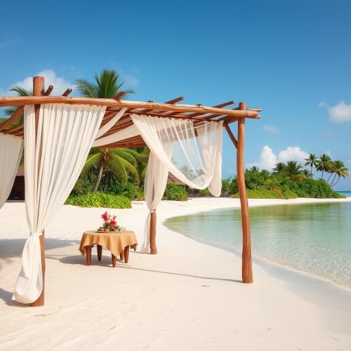 Create a picturesque tropical beach scene featuring a serene, white sandy shore. In the foreground, there's a rustic wooden canopy with white drapes gently flowing in the breeze. Underneath the canopy, a table is set with tropical decor, evoking a sense of relaxation and leisure. The beach extends into a calm, shallow water area with reflections of the sky and surroundings. Palm trees and lush greenery line the edge of the beach, providing a natural, tropical backdrop. The sky is clear with a few scattered clouds, and the overall atmosphere is tranquil and inviting, perfect for a peaceful retreat.