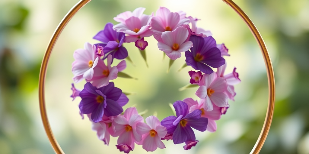 Create a high-resolution circular floral arrangement with purple and pink flowers, a gold circular frame, soft focus background, natural lighting, shot with a Canon EOS 5D Mark IV at f/2.8, 50mm lens, in macro mode.