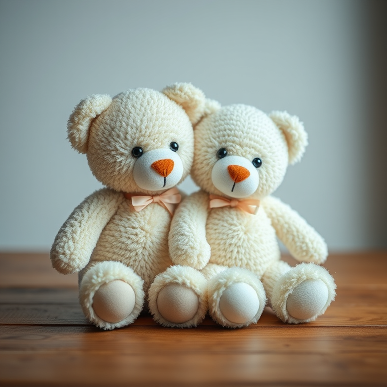 Create a high-resolution image of two plush teddy bears sitting closely together on a wooden surface, with a soft-focus background, using a DSLR camera at f/2.8 aperture, ISO 200, 50mm lens, and natural lighting to enhance the texture and details.