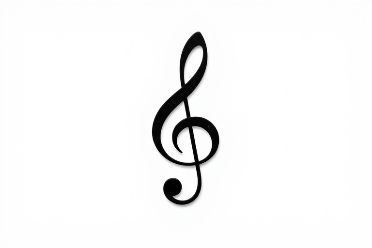 Create a high-resolution image of a treble clef symbol on a clean white background, using a DSLR camera with a 50mm lens, aperture set to f/2.8, shutter speed of 1/100s, and ISO 100 for optimal clarity and detail.