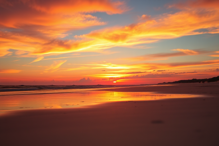 Capture a high-resolution image of a vibrant sunset over a calm beach, using a DSLR camera with a 24mm lens, aperture f/8, ISO 200, and a shutter speed of 1/125 second, from a low angle perspective to emphasize the reflection on the water and the colorful sky.