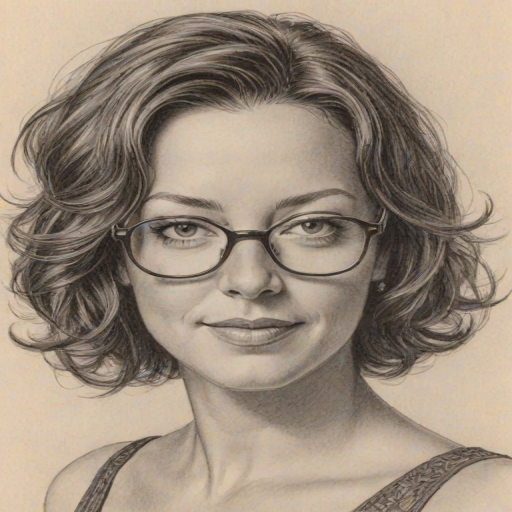 Charming Sarah McLachlan, pencil sketch, portrait of Enchanting woman 1959s in glasses, hair style beatnik, outline, clear lines, fine lines, 8k