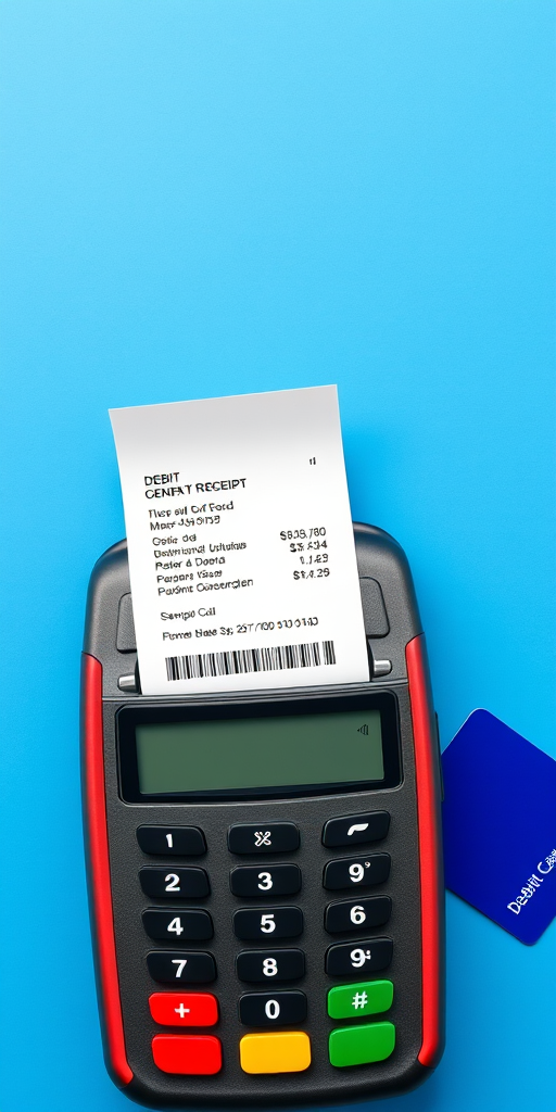 Create an illustration of a payment terminal with a receipt printing, a debit card beside it, bright blue background, use a 50mm lens, f/2.8 aperture, soft lighting to enhance colors, shot with a digital camera in a flat lay style.